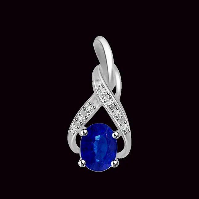 Cupids Heaven 0.20cts Tcw Real Oval Blue Sapphire & Diamond Pendant In White Gold (P1286)
