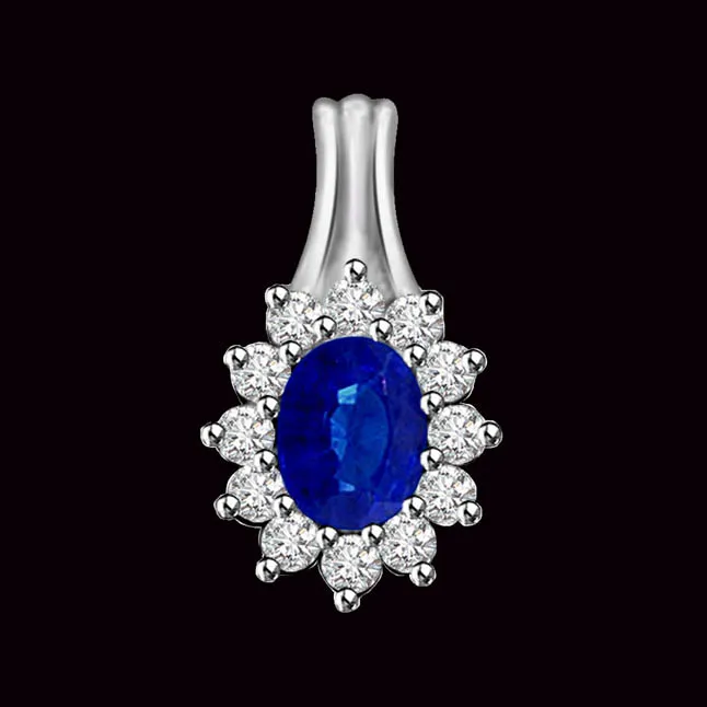 Blue Flower : Real Diamond & Sapphire Pendant In White Gold (P1289)