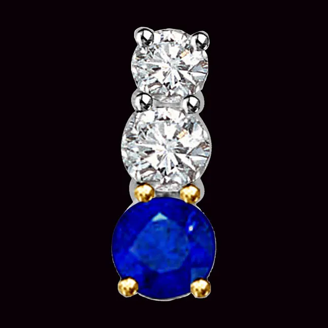 Sparkling Evening 0.35cts Big Round Real Diamonds & Blue Sapphire Long Pendant In 18kt Yellow Gold (P1290)