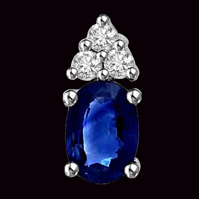 Only You : Big Real Oval Blue Sapphire With Diamond Cap 14kt White Gold Solitaire Pendant (P1293)