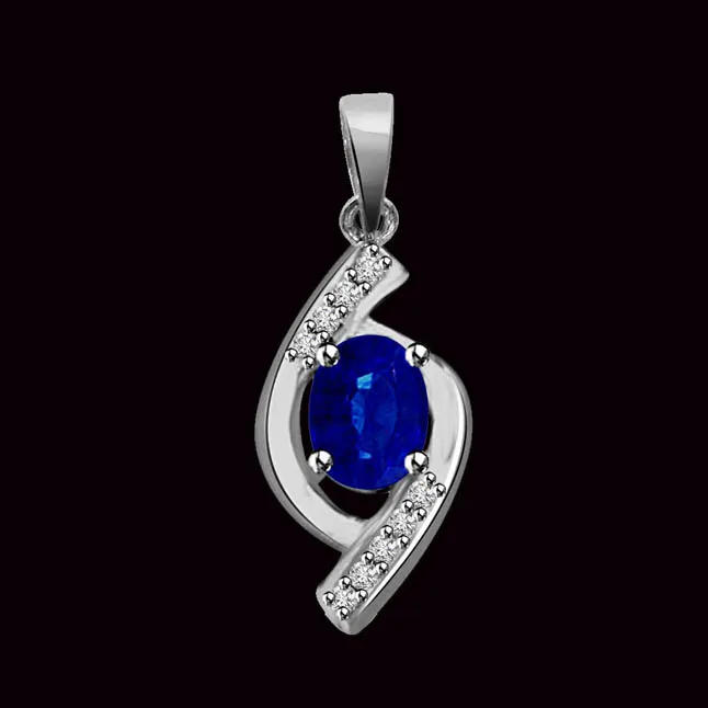 Surrounded By Love : Blue Real Oval Sapphire & Diamond 14kt White Gold Pendant (P1295)