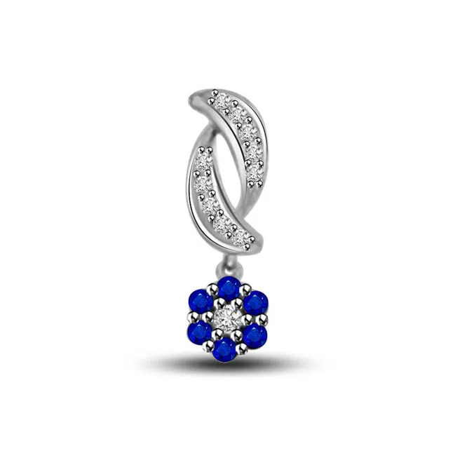 Hanging Flower Blue Sapphire & Diamond Hanging Flower With Diamond Petals 14kt Pendant