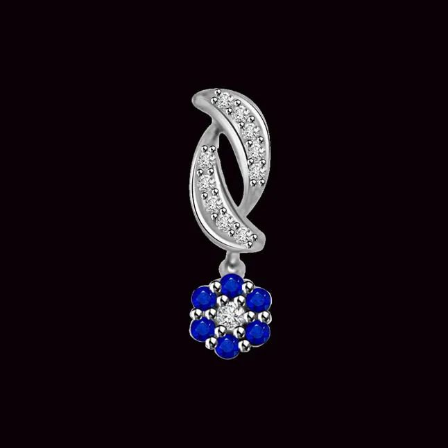 Hanging Flower Real Blue Sapphire & Diamond Hanging Flower With Diamond Petals 14kt Pendant (P1297)