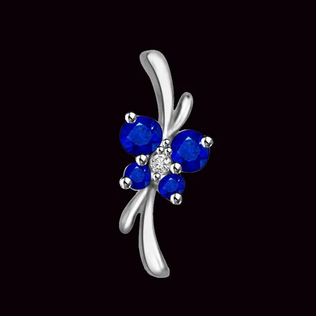 Fabulous Bond Real Diamond & Blue Sapphire Flower Set In 14kt White Gold Pendant For Your Love (P1301)