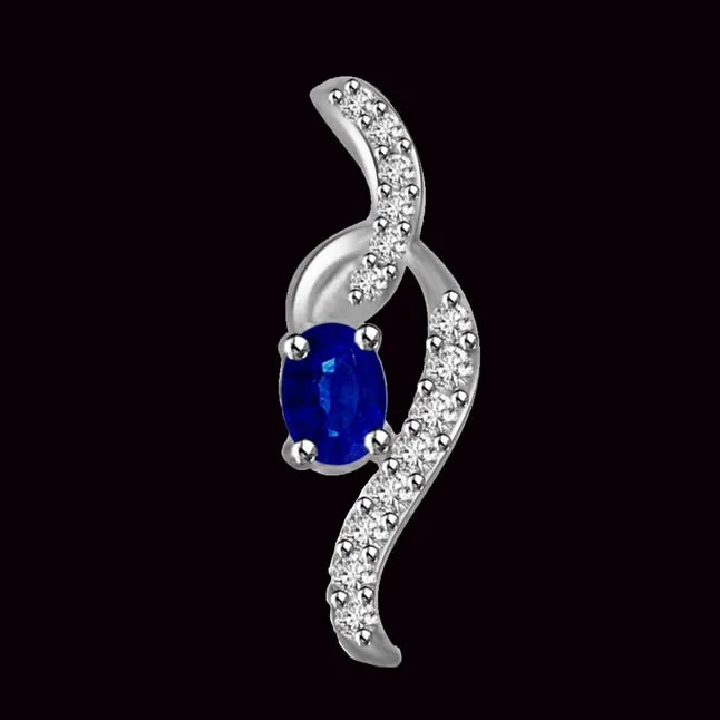 Sun Shine in Moon Light 0.36cts Tcw Real Oval Blue Sapphire & Diamond Pendant Set In 14kt White Gold (P1303)