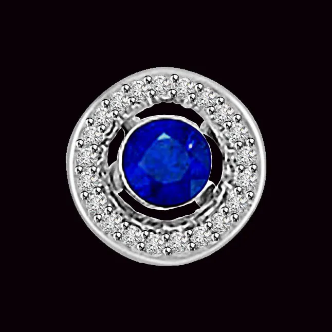 Push This Love Button : Real Round Sapphire Surrounded With Diamond 14kt White Gold Pendant (P1304)