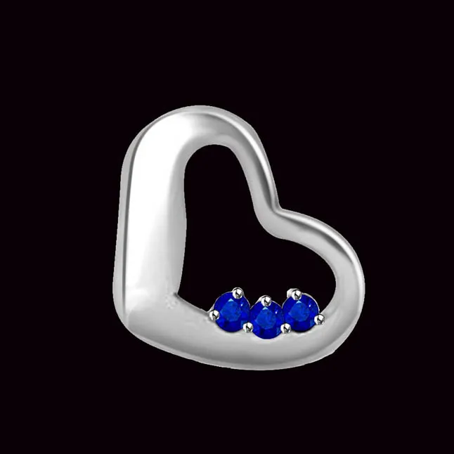 Love Is Blue : 3 Round Real Sapphire 14kt White Gold Heart Pendant For Lovely Lady (P1305)