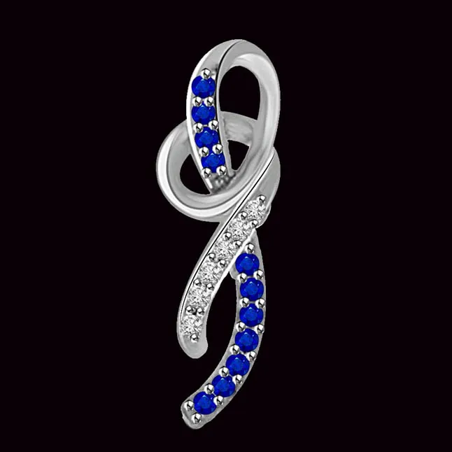 Love Hug : Row Of Real Blue Sapphire & Diamonds 14kt White Gold Pendant For Your Love (P1306)