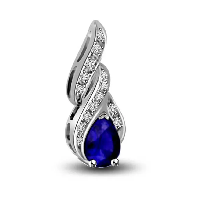 Springs Love Pear Shape Blue Sapphire & Diamond White Gold Pendants For Your Love