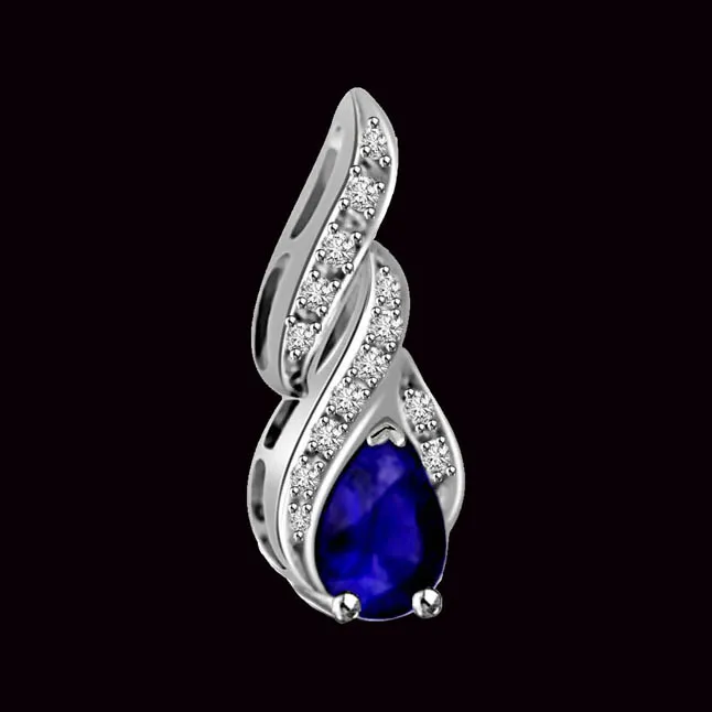 Spring Love Real Pear Shape Blue Sapphire & Diamond White Gold Pendant For Your Love (P1307)