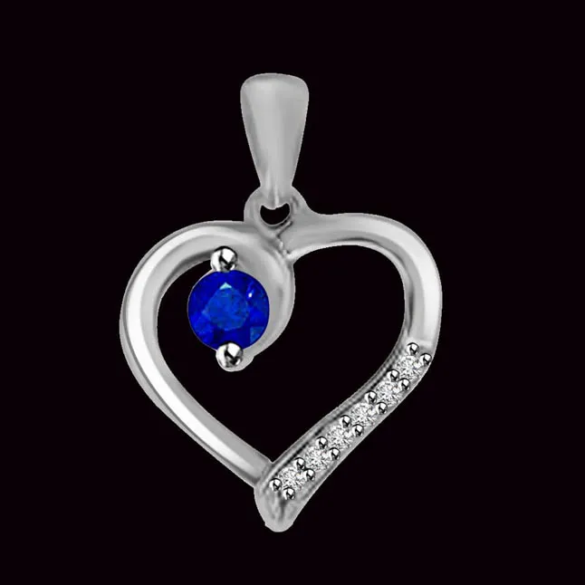 Bonded Love Solitaire Real Blue Sapphire With Row Of Diamond White Gold Heart Pendant For Your Love (P1308)