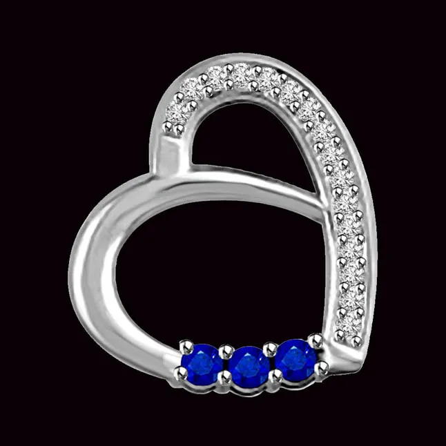 Senses of Love 0.22cts Tcw Real Blue Sapphire & Diamond Heart Pendant In 14kt White Gold (P1313)