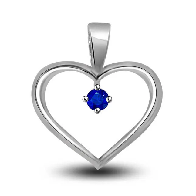 You Are The Only One:Blue Solitaire Sapphire Set In 14kt White Gold Heart Pendants -Gemstone Pendants