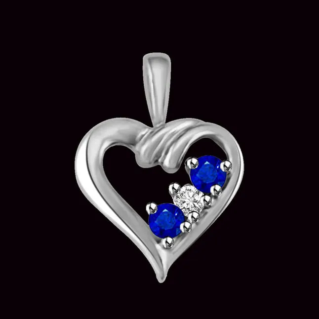 You, Me & Our Love : 2 Real Blue Sapphire With Center White Diamond 14kt Gold Heart Pendant (P1318)