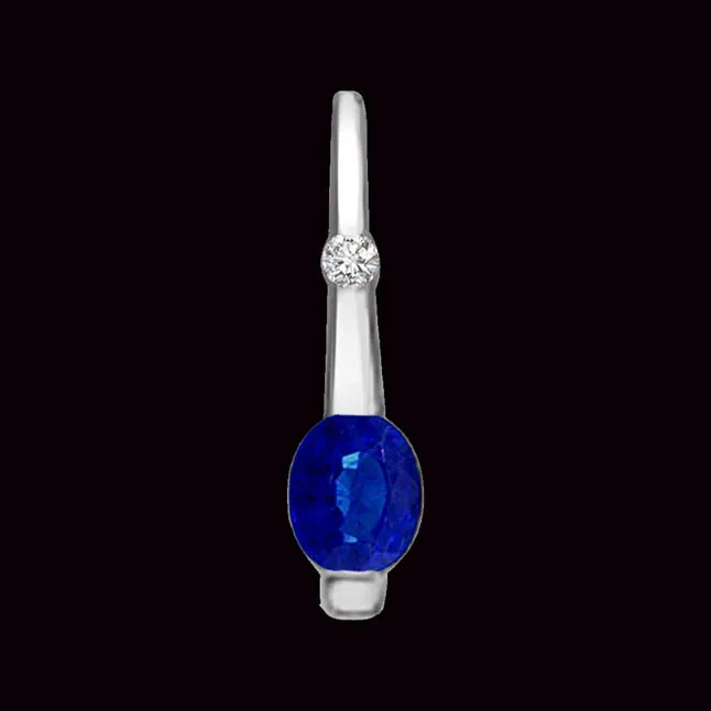 Pillar Of My Life : Real Oval Sapphire & White Diamond 14kt White Gold Long Pendant (P1321)