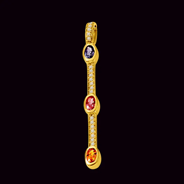 A Golden Stich Forever 0.55cts Tcw Real Diamond Ruby Emerald & Sapphire Stick Shaped Long 18kt Pendant (P1329)