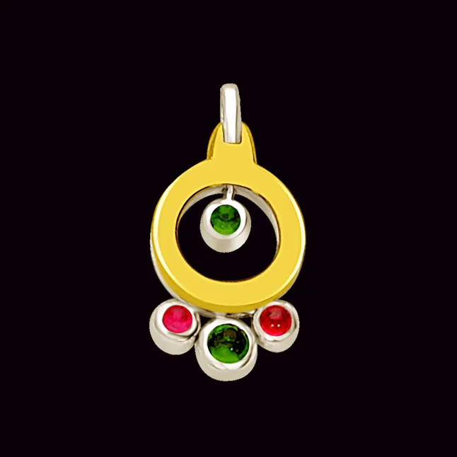 Shades of Stones Emerald & Ruby 18kt Yellow Gold Round Two Tone Diamond Pendants -Designer Pendants