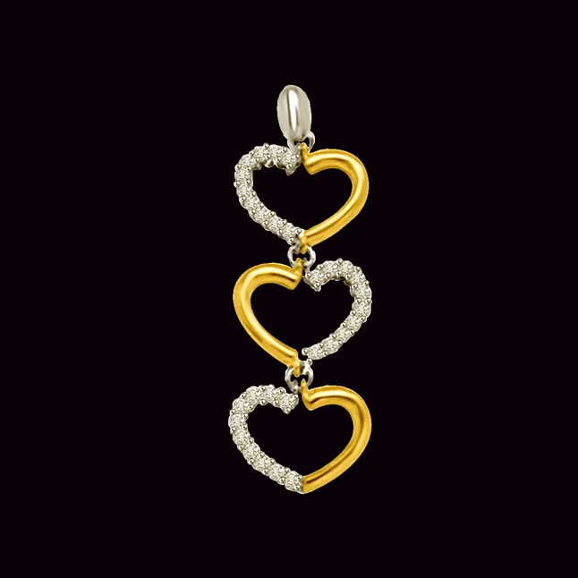 Alternate Hearts : 3 Hearts Two Tone Real Diamond & 18kt Gold Pendant (P1335)