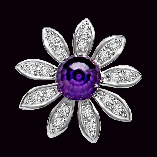 Blue Floral Twinkle Real Amethyst & Diamond Flower Beautiful Passionate Diamond Pendant (P1342)