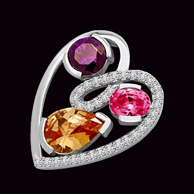 Love Triangle : Real Diamond, Amethyst, Tourmaline & Golden Topaz White Gold Pendant (P1343)