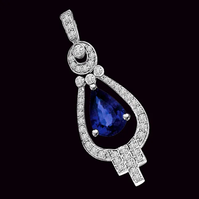Pride of Groom Real White & Blue Sapphire & Diamond 14k White Gold Drop Shaped Love Pendant (P1346)