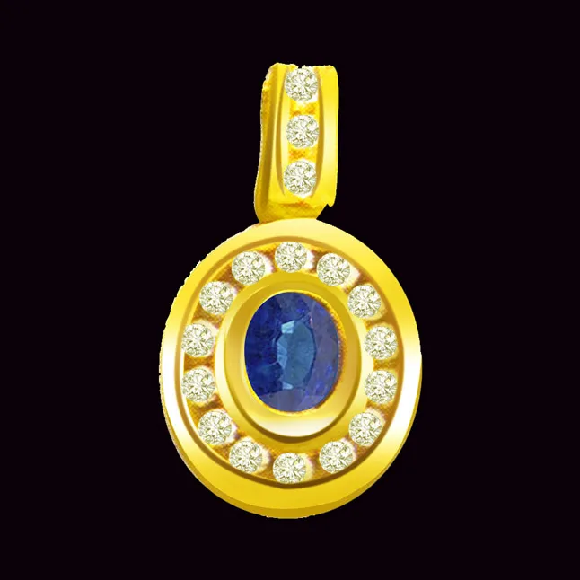 Serene Blue Delight - 0.17cts Real Diamond & Oval Sapphire Gold Pendant (P517)