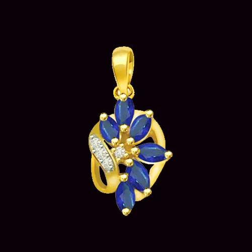 Leafy Sapphire Passion - 0.06cts Real Diamond & Blue Sapphire Pendant (P520)