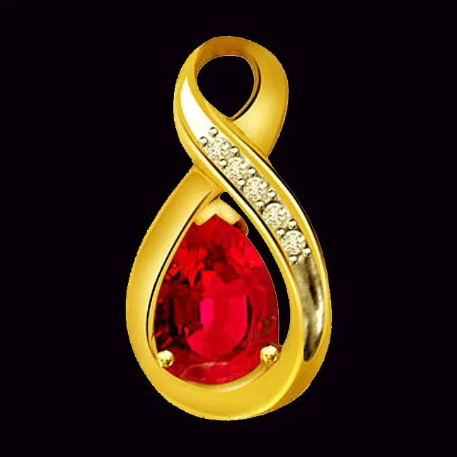 Ruby Touch Love Drop - 0.10cts Real Diamond & Red Ruby Gold Pendant (P532)