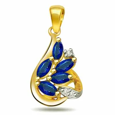 Golden Sapphire Leaves - 0.03cts Real Diamond & Sapphire 18kt Yellow Gold Pendant (P543)