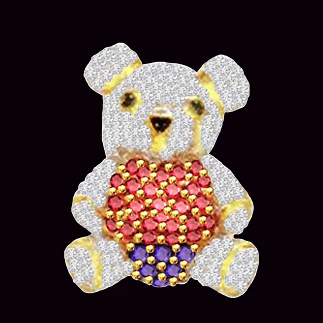 Teddy Bear 0.75cts Real Diamond, Red Ruby, & Blue Sapphire Pendant (P554)