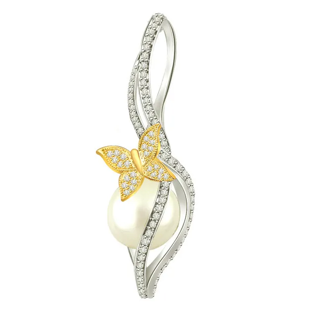 0.40 cts Diamond & Gold Butterfly Pearl Pendants -Designer Pendants