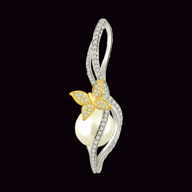 0.40cts Real Diamond & Gold Butterfly Pearl Pendant (P649)