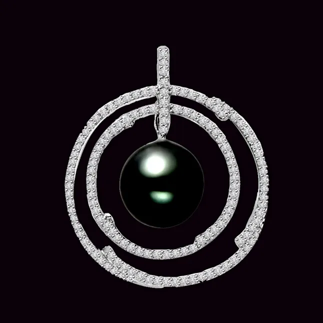 Hoops of Love -0.75 cts Diamond & Tahitian Pearl 14K Pendants -White Gold