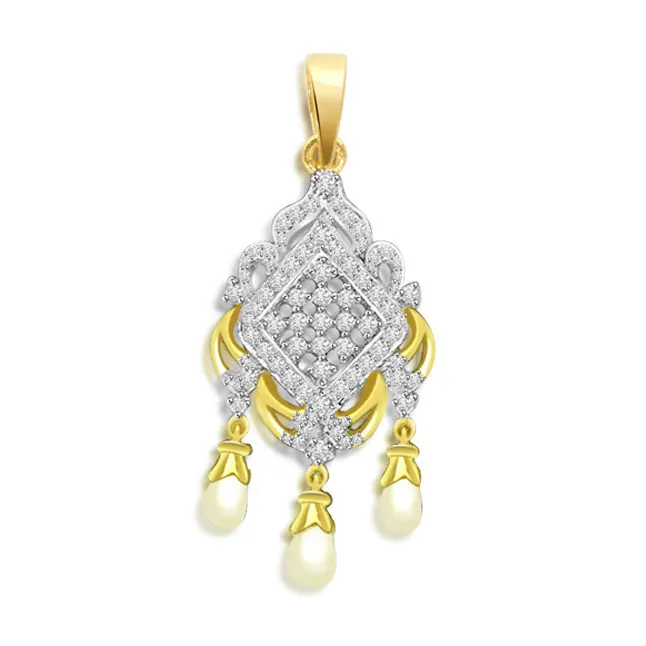 Pearly Ch elier Delight -0.35 cts Diamond & Drop Pearl 18K Pendants -Designer Pendants