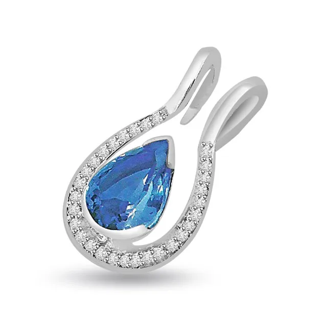 0.30 cts Diamond & Pear Blue Topaz 14K Pendants -Dia+Gemstone