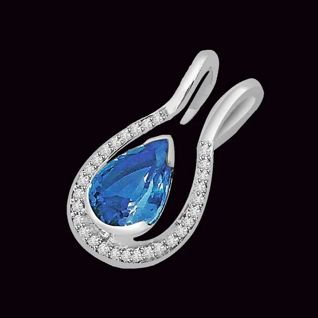 0.30cts Real Diamond & Pear Blue Topaz 14kt White Gold Pendant (P685)