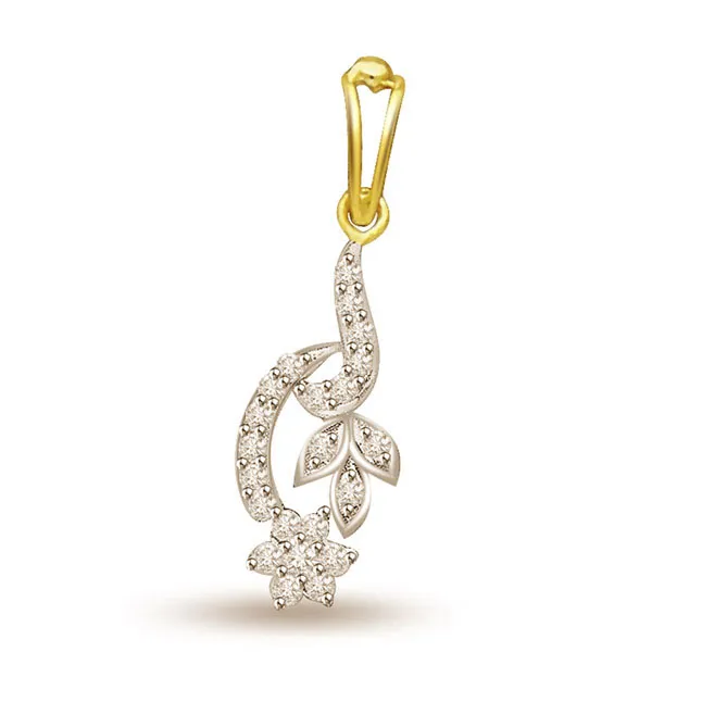 Flower With Leaves -0.22 cts Two Tone Flower With Leaves Diamond Pendants -Flower Shape Pendants