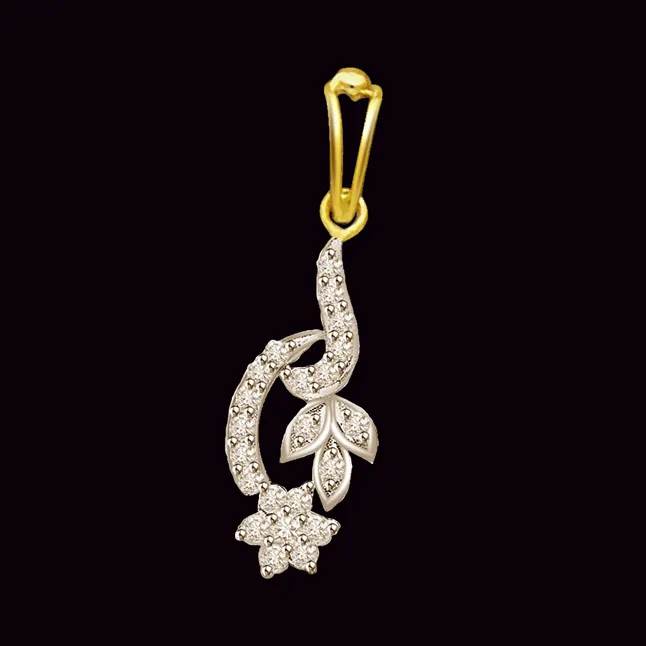 Flower With Leaves - 0.22cts Two Tone Flower With Leaves Real Diamond Pendant (P695)