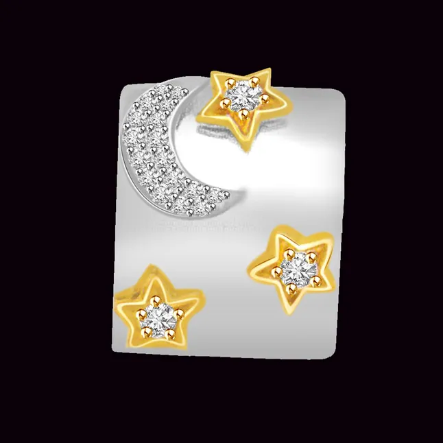 Moon & Shining Stars Two Tone Real Diamond & 18kt Gold Pendant (P718)
