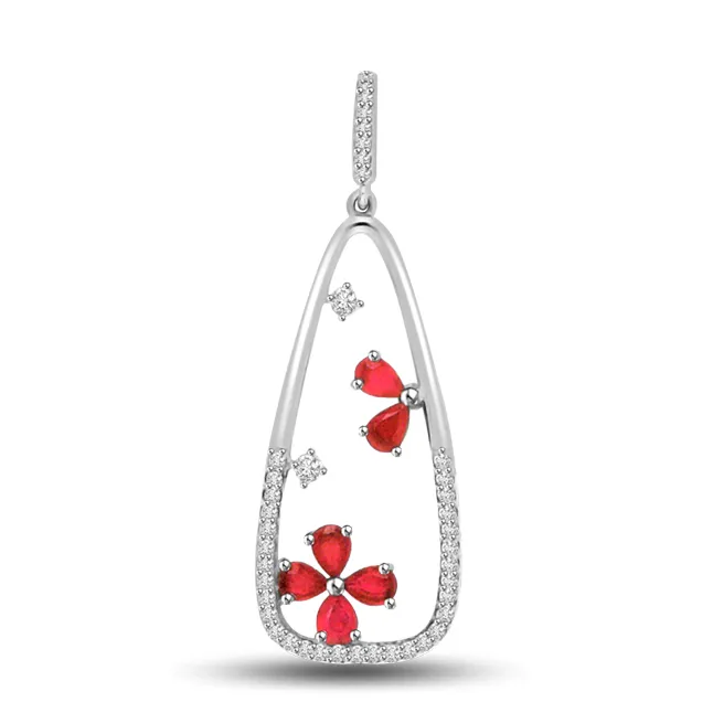 Floral Love : Diamond & 14kt White Gold & Ruby Pendants -Designer Pendants