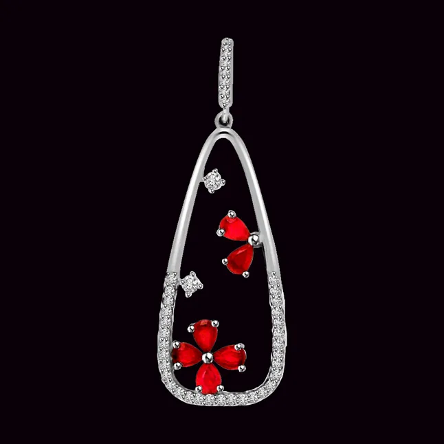 Floral Love : Real Diamond & 14kt White Gold & Ruby Pendant (P733)