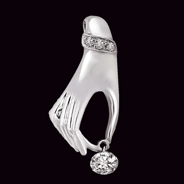 Diamond held by a Hand Shaped Real Diamond 14kt White Gold Pendant (P759)