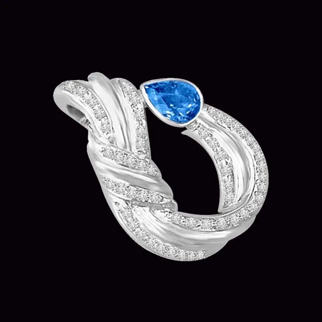 Real Diamond & Blue Sapphire pear shape Pendant in 14kt White Gold (P783)