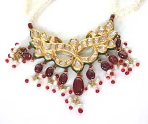 3 Line Real Pearl & Garnet Necklace with Diamond Pendant Jewellery Set (P82)