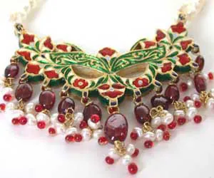 3 Line Real Pearl & Garnet Necklace with Diamond Pendant Jewellery Set (P82)