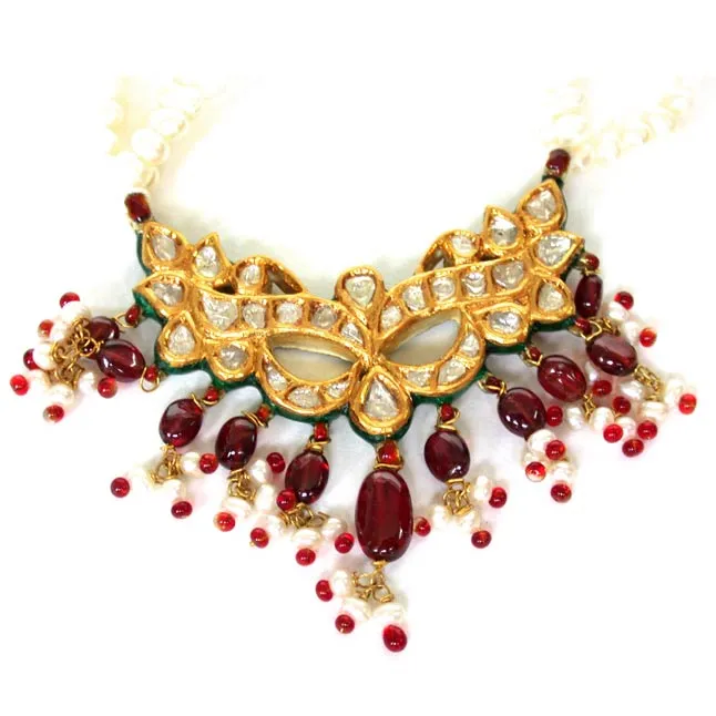 3 Line Real Pearl & Garnet Necklace with Diamond Pendant Jewellery Set (P82)