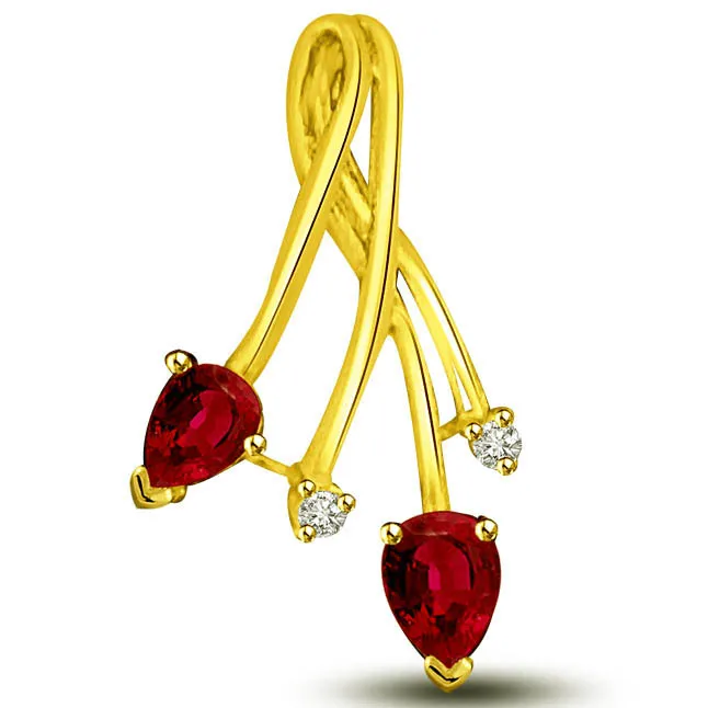 You & Me Diamond Pear shaped Red Ruby Gold Pendants -Diamond -Ruby