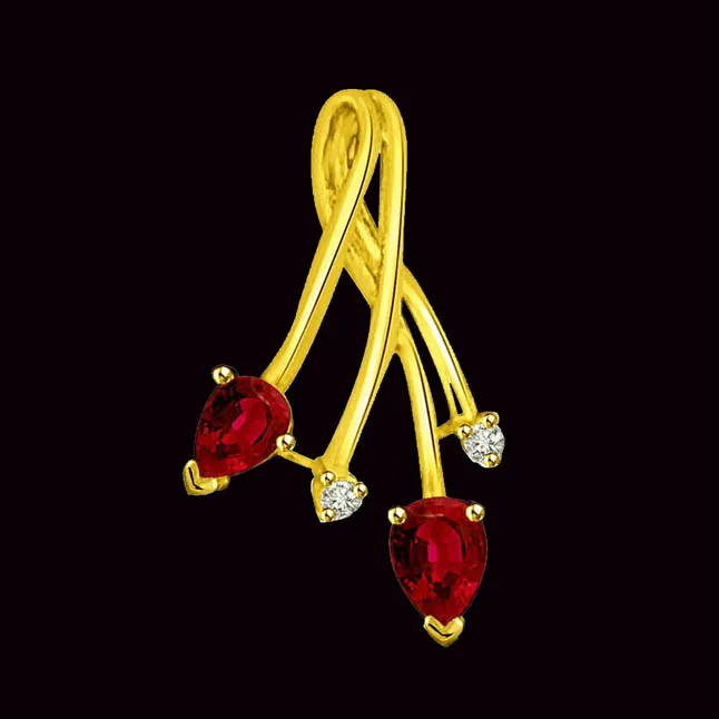 You & Me Real Diamond and Pear shaped Red Ruby Gold Pendant (P824)