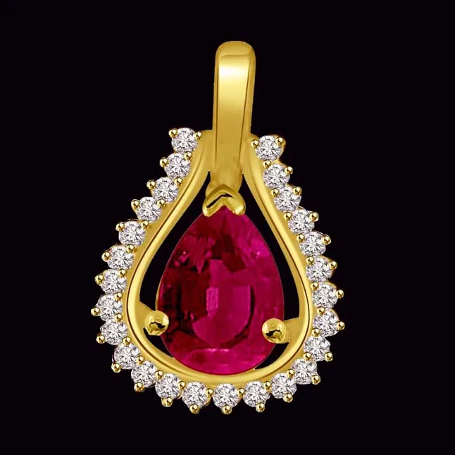 0.26cts Real Diamond & Pear Red Ruby Gold Pendant (P829)