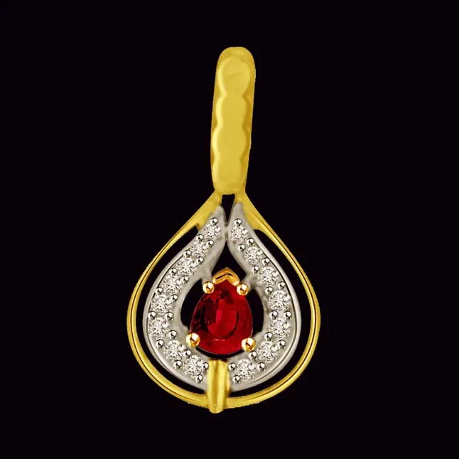 Pear Red Real Ruby Surrounded with Pear arranged Diamond Pendants -Diamond -Ruby